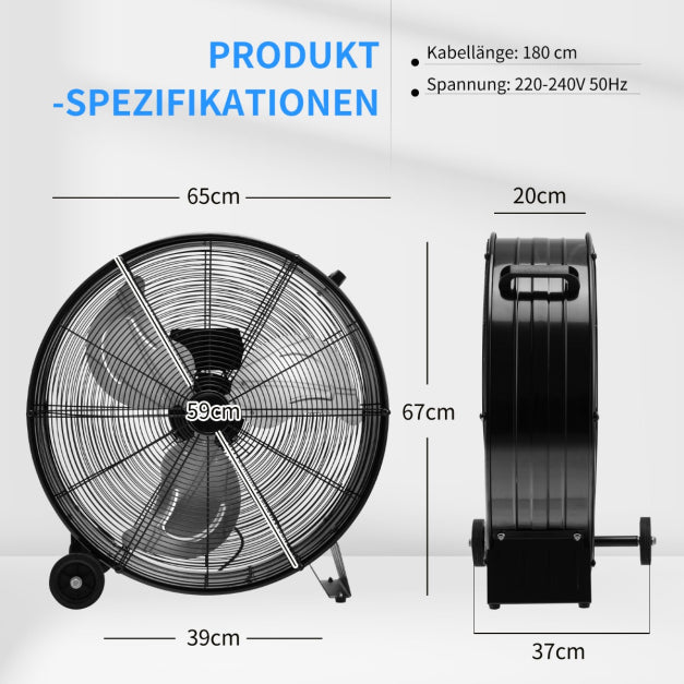 Coast Trommelventilator - 3 Snelheden - 180cm Snoer - 240V - 65 x 37 x 67 cm - Zwart