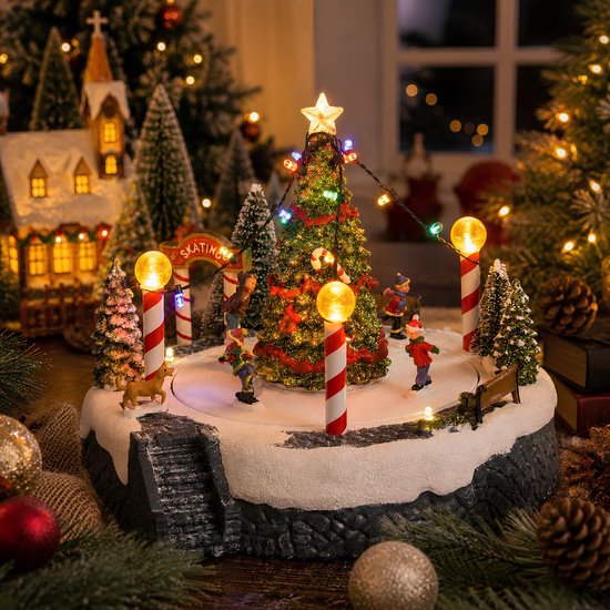 Luville Kerstdorp Kerstboomscène met Schaatsbaan - Kerstversiering met Bewegende Figuren en LED-verlichting - Guirlande op Batterijen - Kerstslingers voor Binnen - 22 x 22 x 18,5 cm - Wit