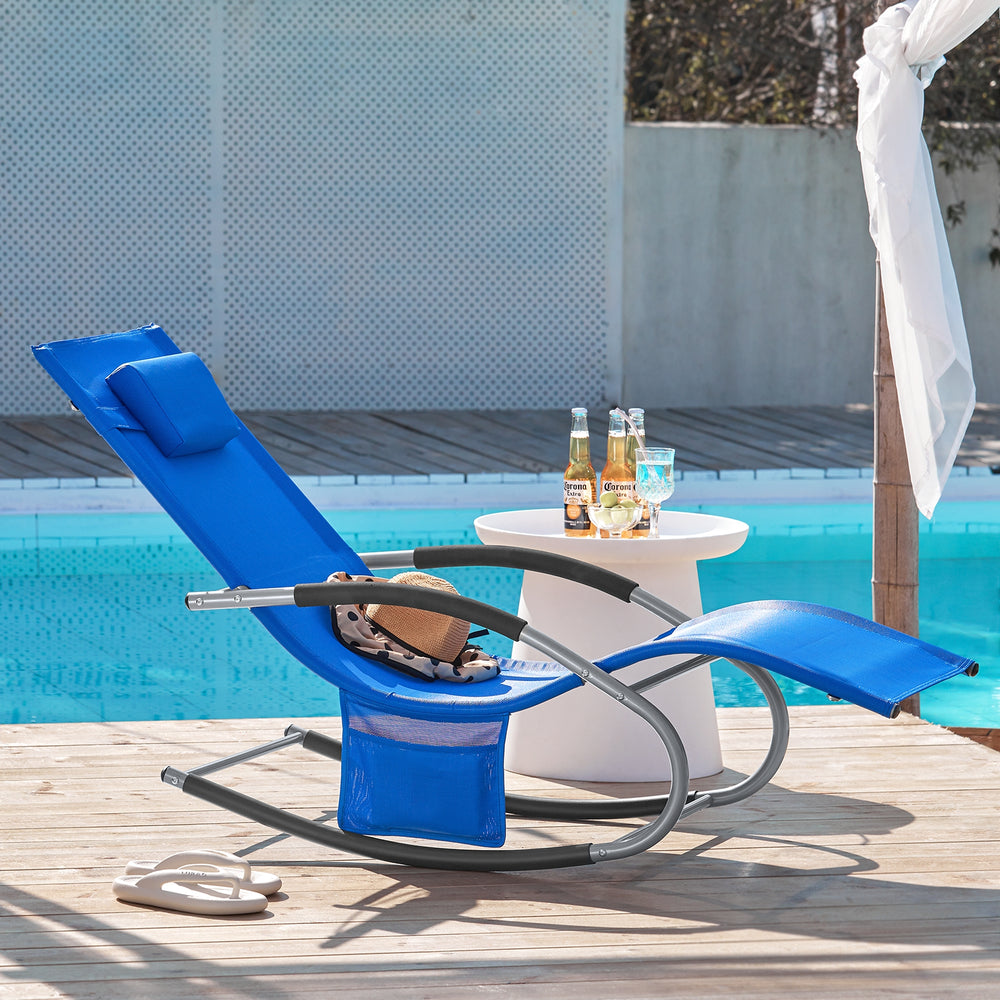 SoBuy Ligstoel OGS28-KB - Met Schommelpoten en Hoofdkussen - 150 x 63 x 83 cm - Blauw