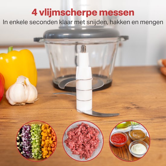 AoraKitchen Hakmolen Electrisch - 2L Glazen Kom - BPA-Vrij - 400W - 2 Snelheden - RVS - Elektrische Hakmolen - Food Chopper