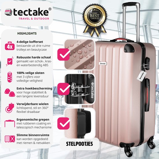 tectake® - 4-delige reiskofferset inclusief koffertrolley en bagageweger, 360° wielen, harde koffer met cijferslot, grote koffer, stapelbaar, trolley handbagage - rosegold