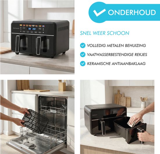 Dubbele Airfryer XXL 11L - PFAS-vrije Heteluchtfriteuse - Infrarood - Dual Zone - 2 x 5.5L - 40–200°C - 8 Kookprogramma's - 2850W - WM-2511 AF - Zwart