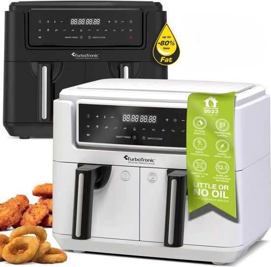 TurboTronic AF118 Dubbele Airfryer XXL - Digitale Heteluchtfriteuse - Dubbele mand - 7,6 Liter - 2x 3,8L - 12 programma's - Touchscreen - Wit
