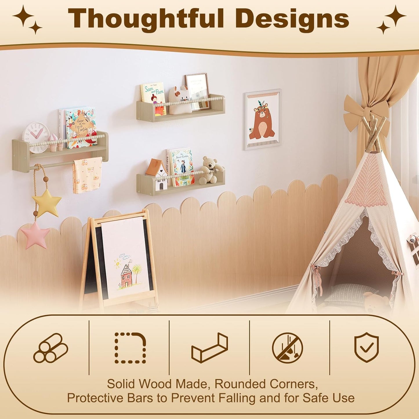 Woltu Kinderboekenplank Set van 3 Wandplanken - Massief Dennenhout Naturel - 50 x 14 x 15 cm - Zwevende Montessori Boekenplanken voor Kinderkamer