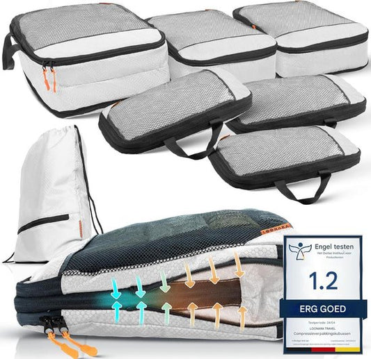 LOONARA Travel Packing Cubes Set van 7 - met compressie voor koffer en rugzak incl. pakzak, Alpine Slate - Grijs