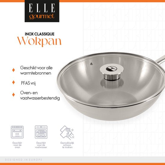 ELLE Gourmet Classique RVS Wokpan met Deksel - Ø 28 cm - PFAS vrij - Inductie