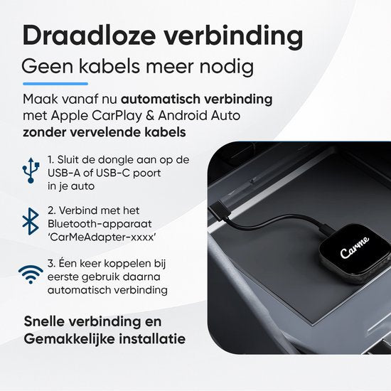 CarMe Premium 2-in-1 CarPlay Dongle - Draadloos CarPlay & Android Auto - USB-A & USB-C - Android Auto Dongle - Zwart