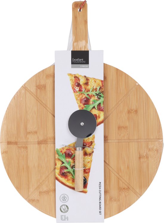 Excellent Houseware Pizza serveerplank met pizzasnijder - bamboe - 38 cm - dubbelzijdig - pizzabord
