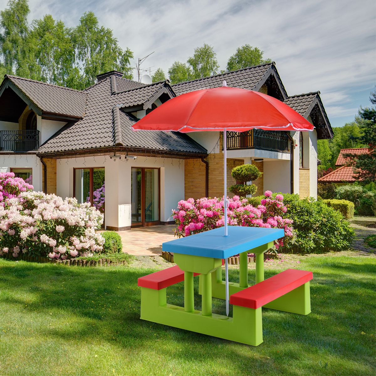Coast Picknicktafel voor Kinderen - Met Parasol - 2 Banken - Max. 50 kg - 67 x 41 x 47 cm - Rood / Blauw / Groen