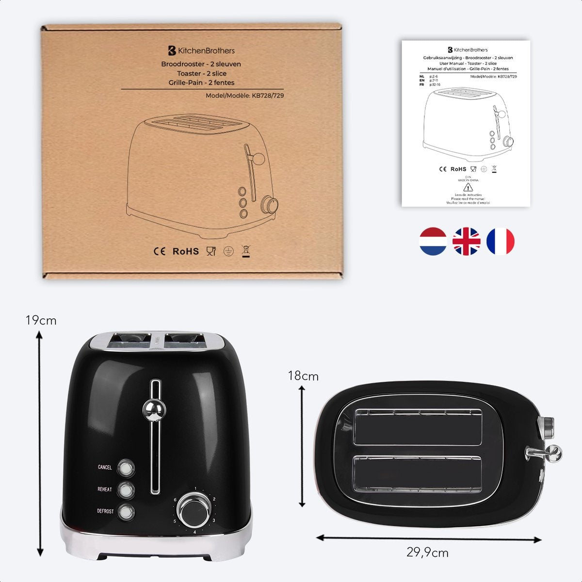 KitchenBrothers Retro Broodrooster - Toaster - 6 Warmteniveaus - 2 Extra Brede Sleuven - 815W - Zwart