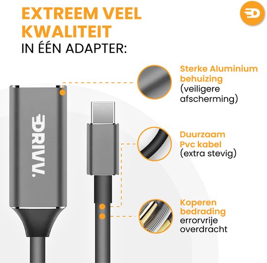 Drivv. USB C naar HDMI Adapter - Ondersteunt 4K 30Hz - Converter - Type C naar HDMI - Thunderbolt 3 - Grijs