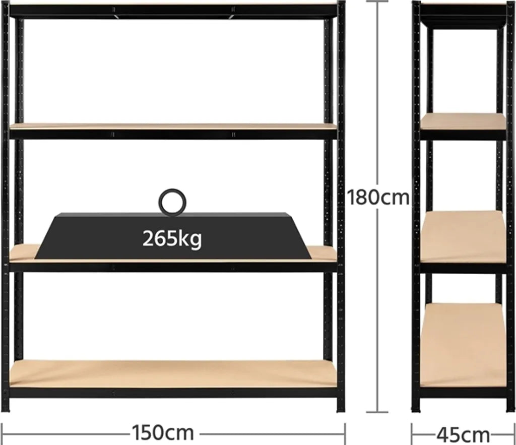 Yaheetech Stellingkast 180 x 150 x 45 cm - 4 Legplanken - 265 kg per Plank - Zwart