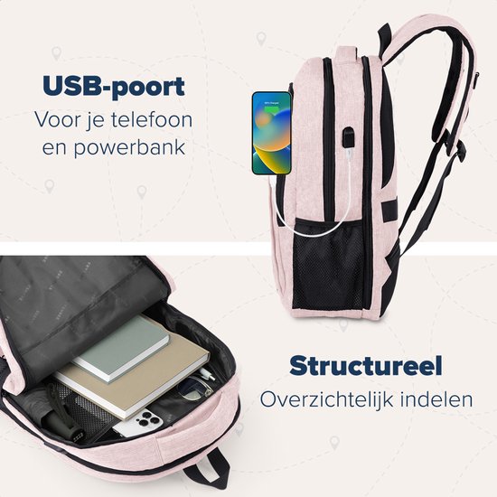 TRVLMORE Rugtas - 36L - 17,3 Inch - Laptop Rugzak met USB - Schooltas - Heren en Dames - Tas -Levenslange - Roze