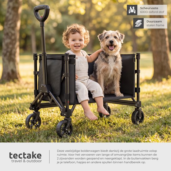 tectake® Bolderkar - Opvouwbaar - 60 kg Draagkracht - Draaibare Massieve wielen - 47 x 83 x 90 cm - Bolderkarren - Bolderwagen - Met Verstelbare Duwstang - Handkar - Waterafstotende Transportwagen - Met Legplank en Binnenvak