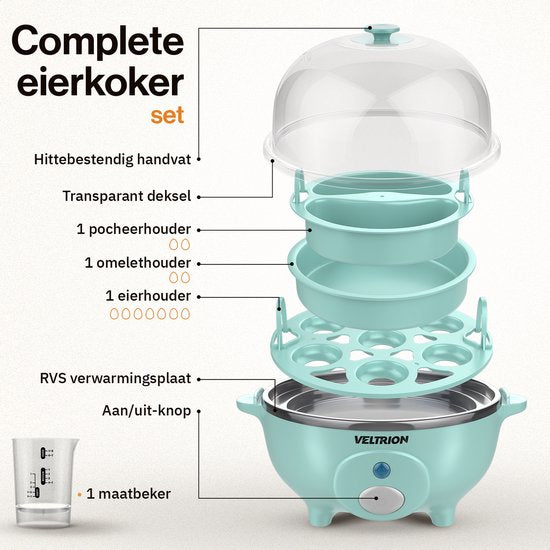 Veltrion Elektrische Eierkoker - Kook tot 7 Eieren - Koken, Pocheren, Roerei & Omelet - Incl. Timer en Slimme Maatbeker - Vaatwasserbestendig - Blauw