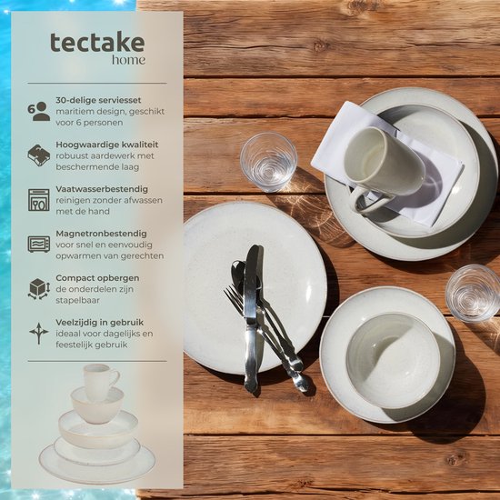 tectake® Serviesset Mare - 30-delig - Aardewerk met Glanzend Glazuur - 6 Persoons - Handgemaakt Servies - Moderne Bordenset met Grote en Kleine Borden, Kommen, Schaaltjes en Kopjes - Vaatwasser- en Magnetronbestendig - Zandkleur