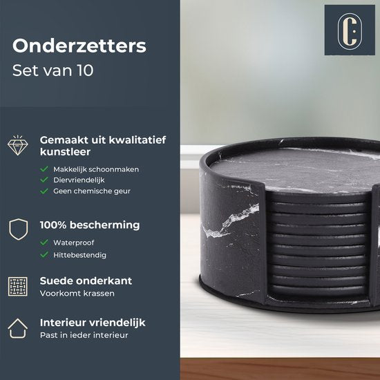 Castagnola Kunstlederen Onderzetters – Onderzetters voor Glazen – Design Onderzetters met Houder – Leren Onderzettersset – Leder – Set van 10 – Marmer look - Zwart/Wit