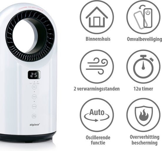 alpina Elektrische Verwarming en Ventilator 1500W - Keramische Ventilatorkachel met Timer en Afstandsbediening - Oscillerende Ventilator Kachel met Verkoelende en Verwarmende Functie - 18 x 18 x 37cm