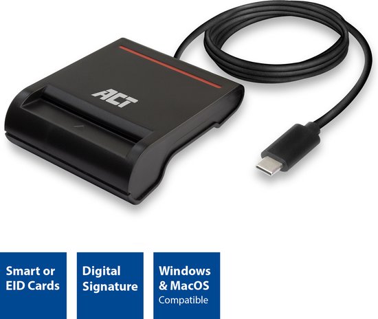 ACT Externe USB-C Smartcard eID Kaartlezer, geschikt voor Belgische ID-kaarten AC6020