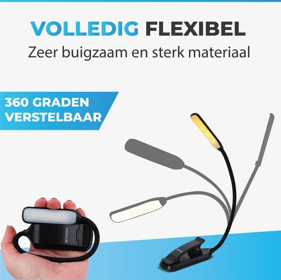 Tikkens LED Leeslampje voor Boek - Nachtkastje Leeslamp voor in bed - Boeklamp USB Oplaadbaar met Klem - Boeklampje met 3 Lichtstanden