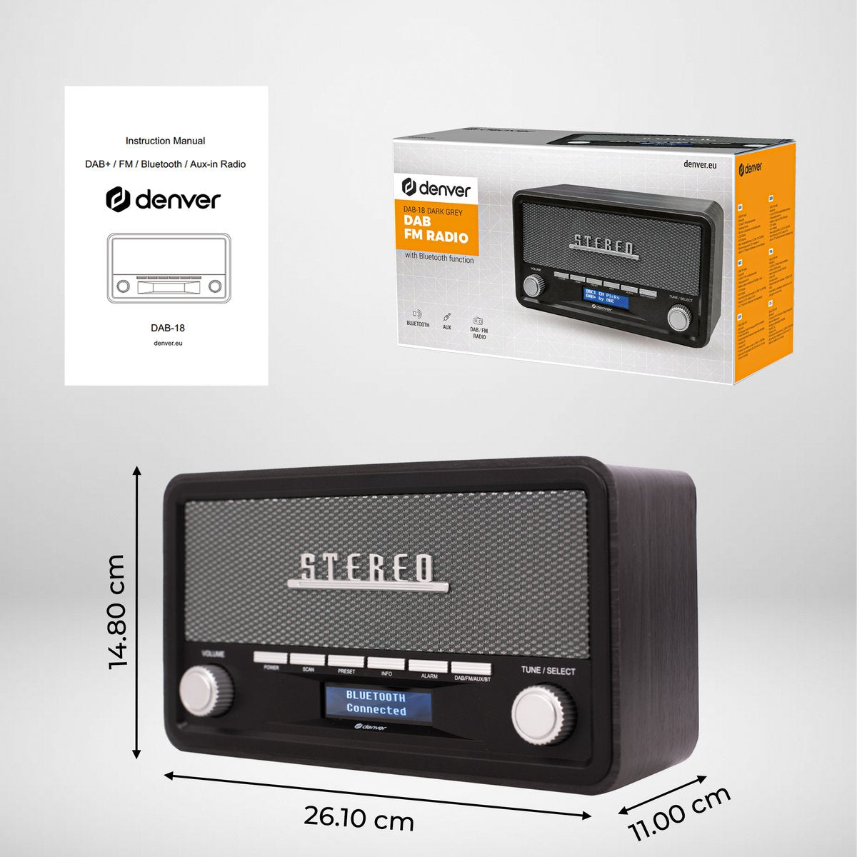 Denver DAB18DG DAB+/FM Retro Radio - Bluetooth - Dimbaar LCD - Hout - Donkergrijs - 14,8 x 26,1 x 11,3 cm