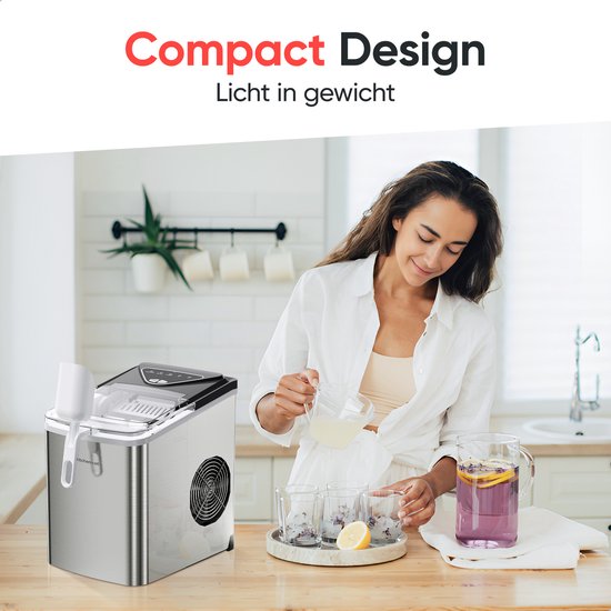 Kitchenwell IJsblokjesmachine – 2L - IJsblokjesmaker met IJsschep – 12kg/24 uur – Zelfreinigingsfunctie - Zilver