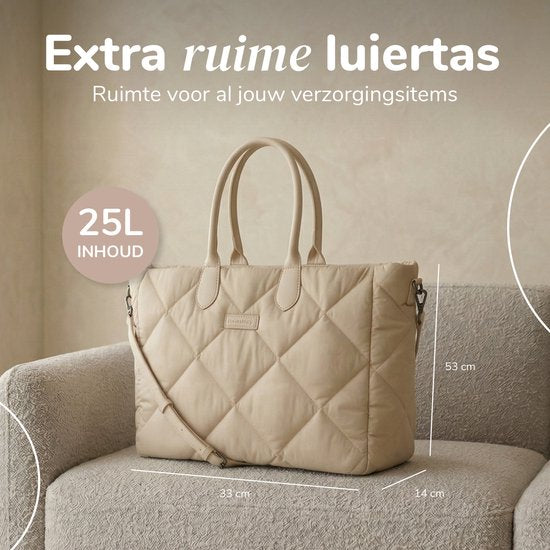 Mommsy Luiertas – Verzorgingstas – Mom Bag – Thermo Vak – Gewatteerde Puffer Stof – Mommy Bag – Extra Ruim – Waterafstotend – Organizer – Lichtgewicht– Beige