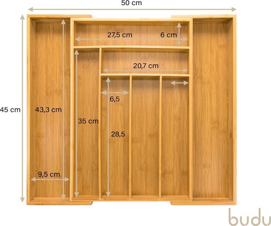 Budu Uitschuifbare Bamboe Bestekbak (45 cm diep) - Besteklade Hout- 45 x 30,6 - 50 cm - 6/8 vakken
