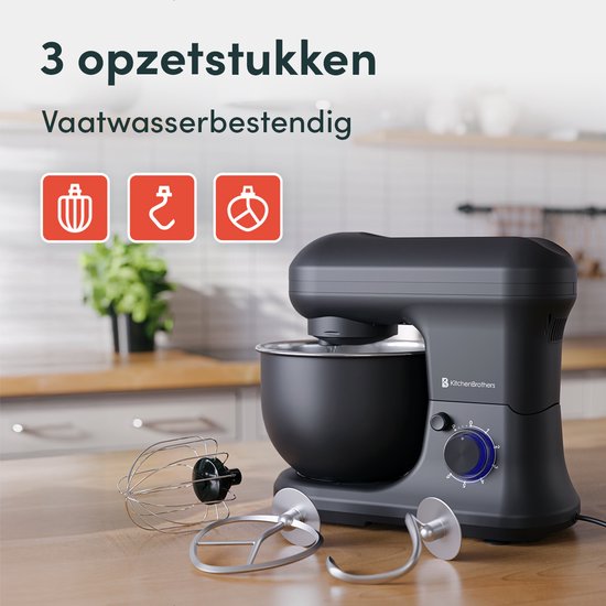 KitchenBrothers Keukenrobot - 5L - Mixer met Mengkom - 1200W - Matzwart