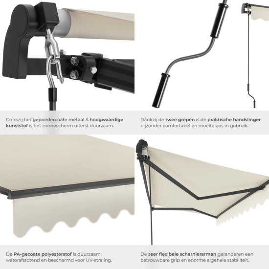 tectake® Zonnescherm met Knikarm - 250 x 200 cm - Zonneluifel - Zonwering voor Raam, Balkon, Buiten - Te Monteren aan Muur - Water- en UV-Bestendig - Beige