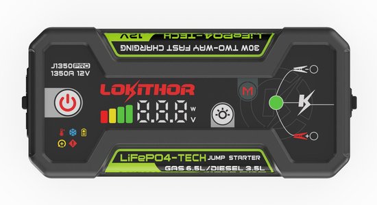 Lokithor Jumpstarter J1350 PRO - 12V 1350A LiFePO4 - Powerbank 30W - Voor Auto, Benzine tot 6,5L & Diesel tot 3,5L - LED Zaklamp