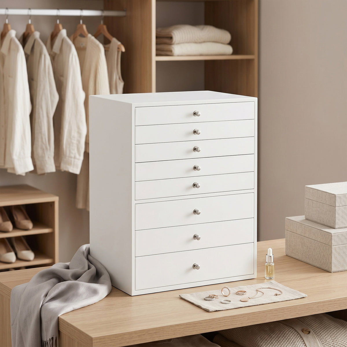 JOYFURNOS Sieradendienblad met Lades, 8-Laags Opbergdoos, Grote Capaciteit, Moderne Cadeau-idee, voor Slaapkamer, Wit