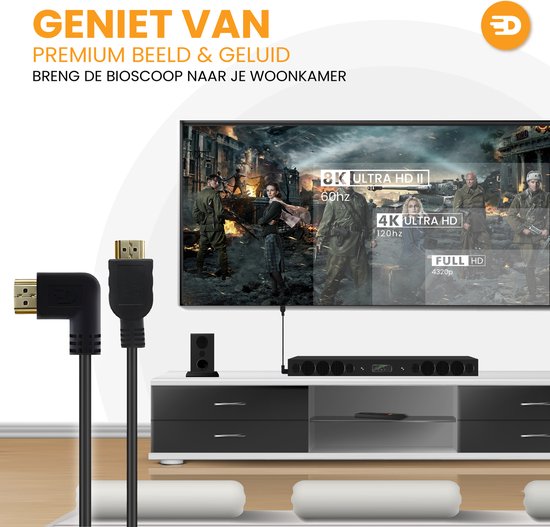 Drivv. HDMI Kabel 2.1 - Haaks - Ultra HD 8K - HDMI naar HDMI - 2 meter - Zwart
