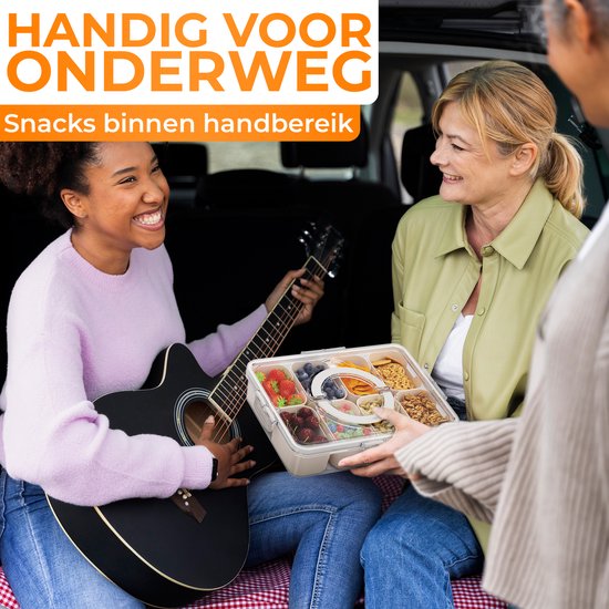 Posity Snackbox - Snackdoos met Vakjes - Met Deksel en Handvat - 8 Vakken - Voor Onderweg - Vershouddoos - Kunststof - Wit