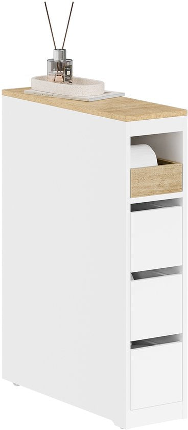 SoBuy Toiletkast 20 cm, badkamerkast met 3 laden, kleine toiletpapierkast, mobiele plank voor badkamer, toilet en keuken, wit, 60 x 20 x 82,3 cm