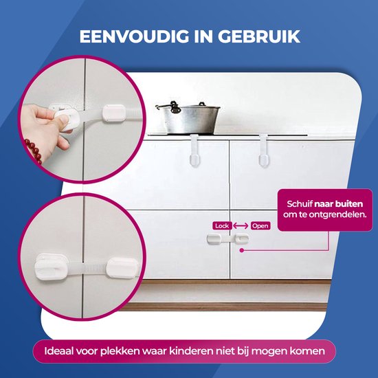Roegaarden Kinderslot kastjes - kastbeveiliging voor kinderen - Zonder boren - Wit - 8 Stuks