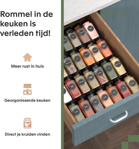 Noswo Kruidenrek Lade - Met 28 Potjes - Complete Set - Vierkant - Strooideksel en Labels - Kruiden Organizer - Keukenlade Organiser - Zwart