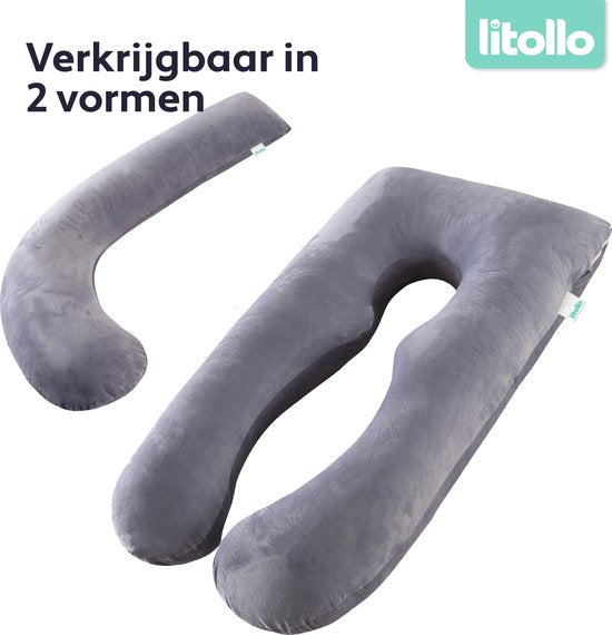 Litollo® Zwangerschapskussen XXL | Voedingskussen | Lichaamskussen| 280cm | Zachte fleece stof |Body pillow | Afneembare hoes | Grijs