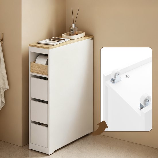 SoBuy Toiletkast 20 cm, badkamerkast met 3 laden, kleine toiletpapierkast, mobiele plank voor badkamer, toilet en keuken, wit, 60 x 20 x 82,3 cm