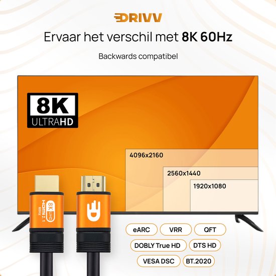 Drivv. Premium HDMI Kabel 2.1 - Ultra HD 8K - 4K 120hz - Geschikt voor Xbox Series X & PS5 - 2 meter - Oranje