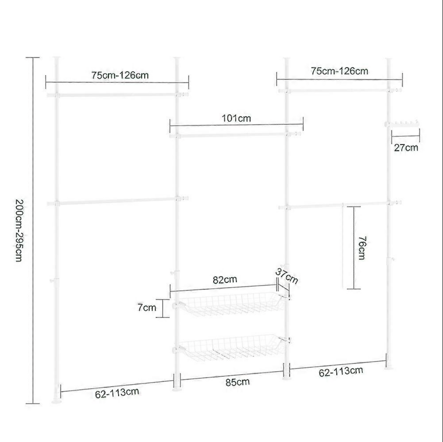 Telescopisch Kledingrek – Heavy Duty Open Garderobekast met Verstelbare Stangen (Wit)