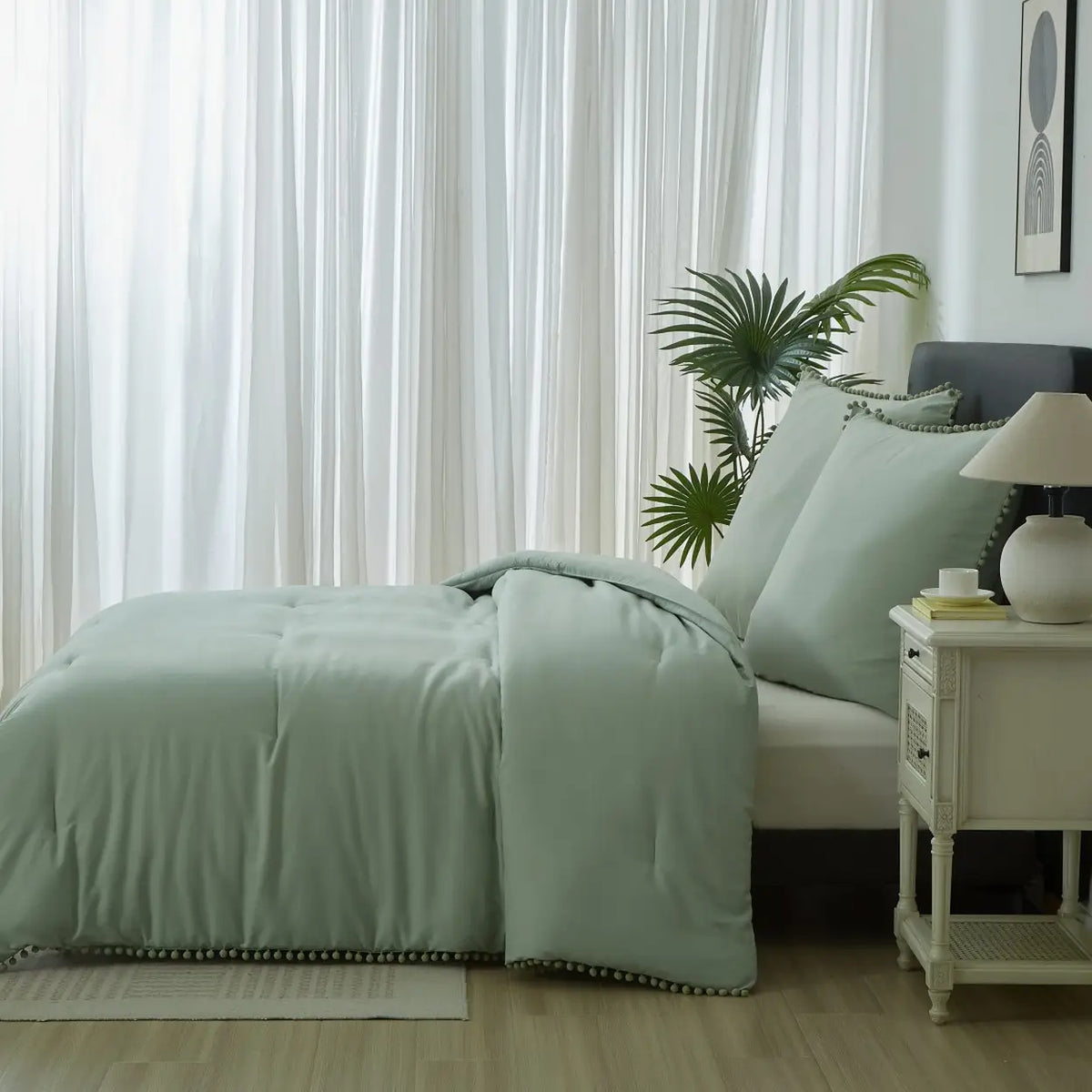 Meeallhome Dekbedovertrek Set met Pom-Pom Franjes - 200x220 cm + 2x 80x80 cm - Turquoise