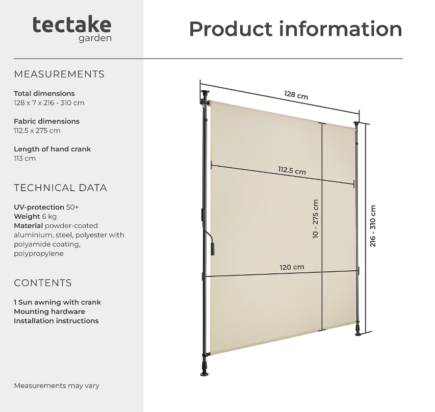 Tectake Zonnescherm Taija 128 x 7 x 216–310 cm – Handslinger – UV50+ – Beige