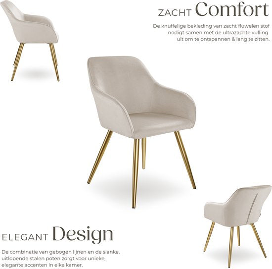 tectake® Eetkamerstoel Marilyn - Met Armleuningen - Elegante Stoel met Gevoerde Zitting in Fluweellook - Gestoffeerd - Gouden Metalen Poten - Ergonomische Keukenstoel - Stoel voor Woonkamer, Eetkamer en Slaapkamer - Taupe