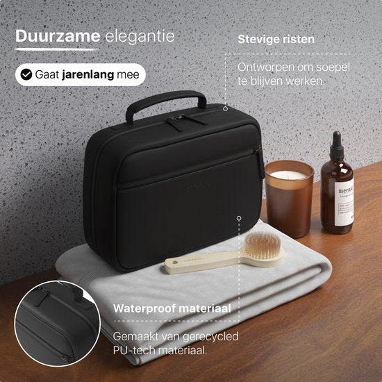 ONYX Toilettas Zwart - Make Up Tasje - Cosmetica Organizer - Slimme Indeling - Beautycase & Make-Up Spiegel - Toiletzak Hangbaar met Haak - Dames en Heren - Maat: M