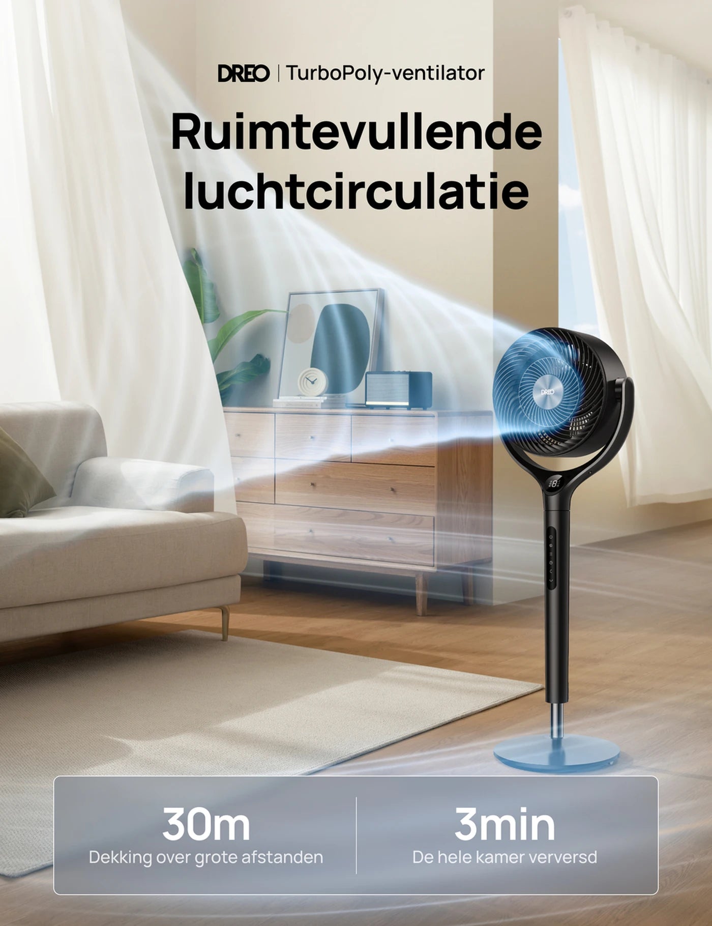 Dreo Turbo Luchtcirculator DR-HPF022 - Statiefventilator - 9 Snelheden & 6 Modi - Afstandsbediening - 120° Oscillatie - Hoogte 94-107 cm