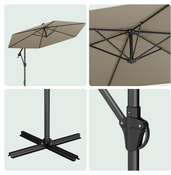 LifeGoods Zweefparasol - Rond Ø300 cm - UPF 50+ en Waterdicht - Tuinparasol - Eenvoudig verstelbaar - Taupe