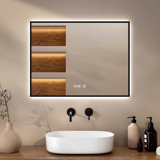 Mirlux Badkamerspiegel - LED Verlichting  - Verwarming – Anti Condens - 80x60CM - Black