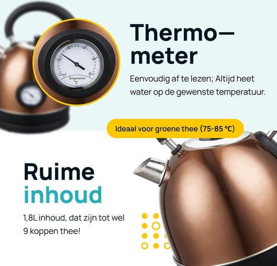 MOA Waterkoker Retro EK3TC – 1,8L – RVS – BPA-Vrij – 2200W – Koper – Ingebouwde Thermometer – Anti-Kalkfilter