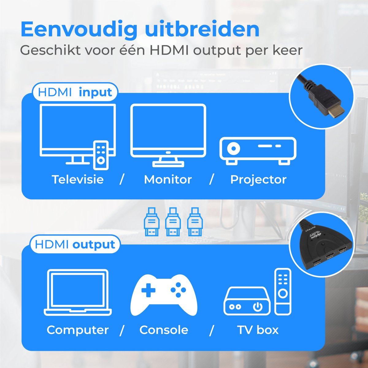 Nuvance HDMI Switch – 3 Ingangen, 4K 60Hz Ondersteuning – 60 cm – Zwart